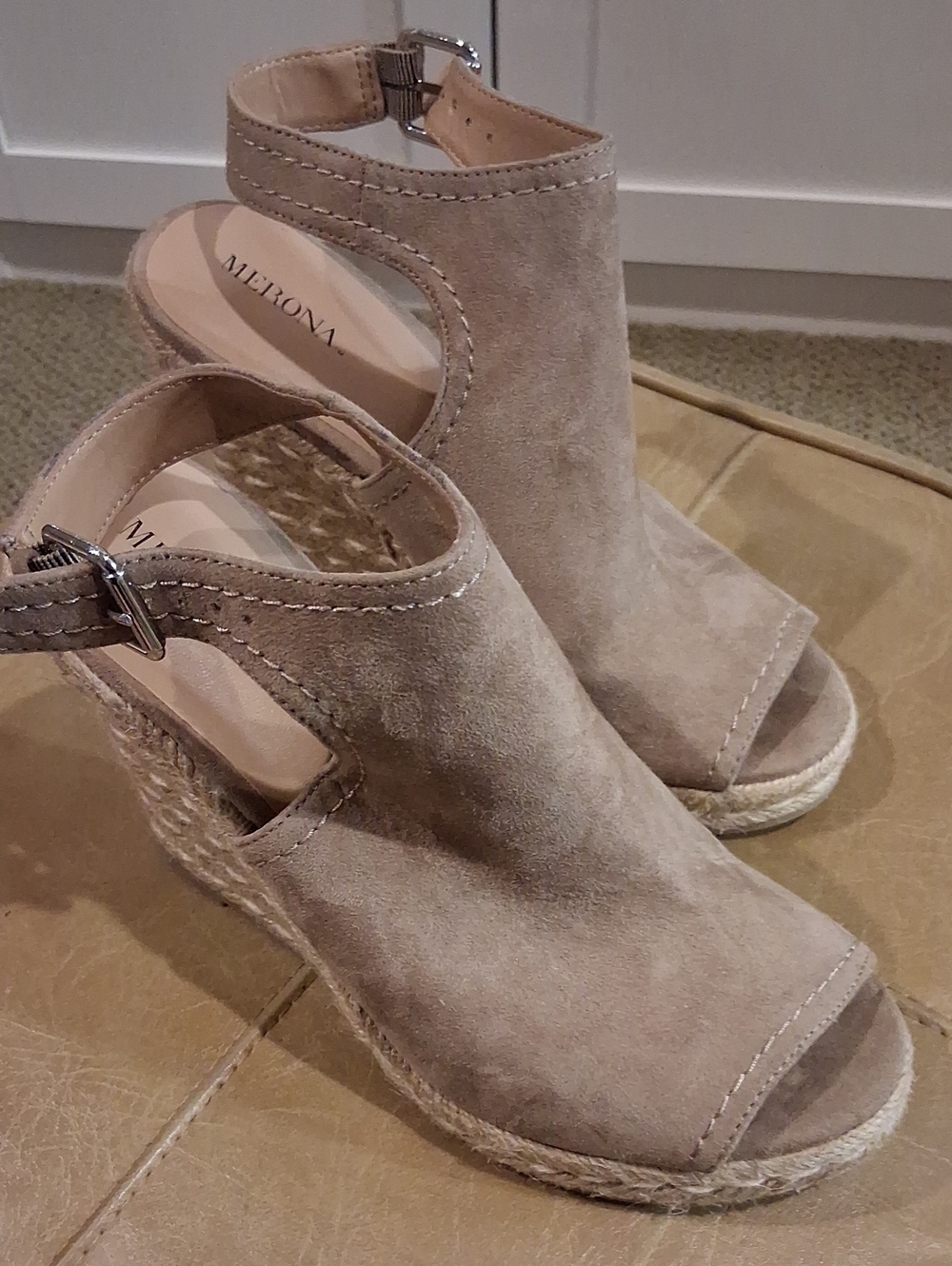 Merona Taupe Suede Open-Toe Ankle Strap Espadrille Wedges